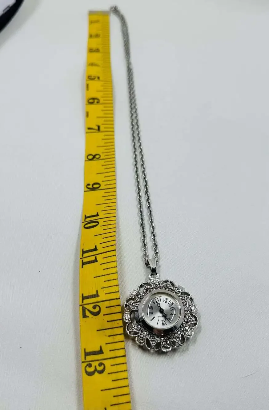Vintage Swiss Made Pendant Watch Necklace Silver Tone Filigree Roman Numeral